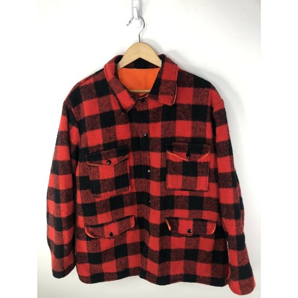 Vintage Hunting Jacket Mens XL Buffalo Plaid Reversible Warm Hipster Snap Button - Picture 1 of 6